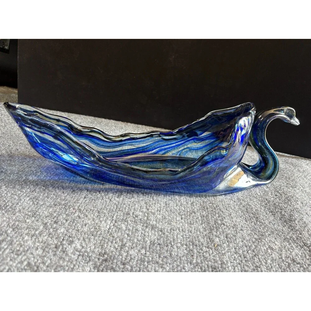 Swan Dish Bowl Vase Murano Style Hand Blown Art Glass Large Blue Vintage 18